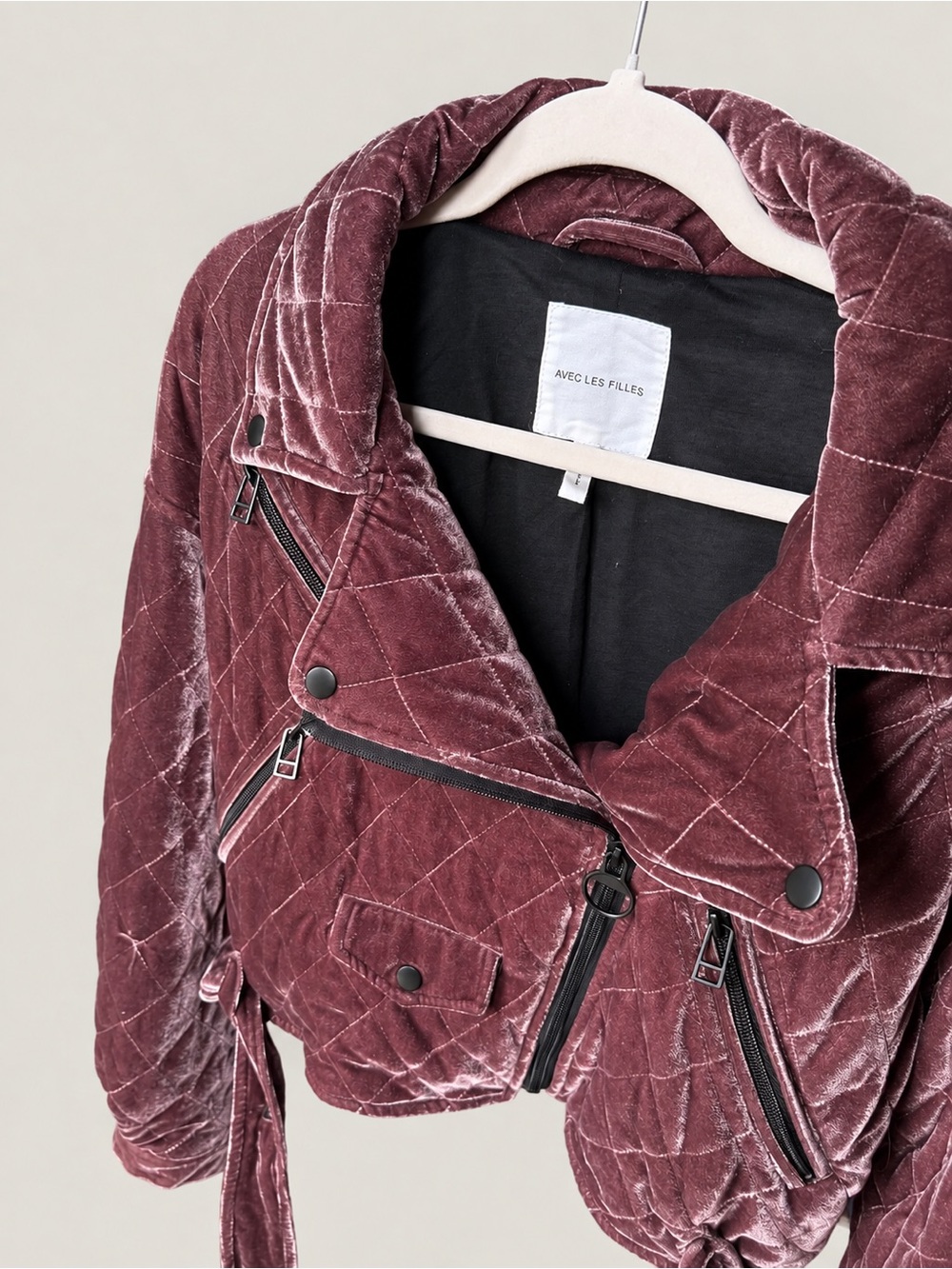 Avec Les Filles Quilted Velvet Moto Jacket Mauve Size M - Picture 5 of 7
